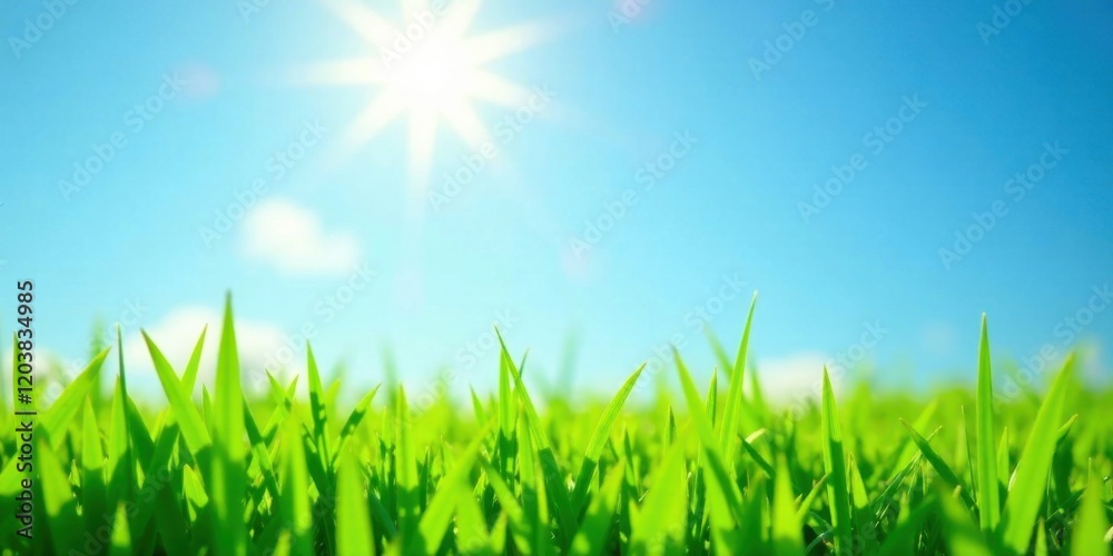 Fototapeta premium Vibrant Green Grass Blades Under a Sunny Sky, a Close-Up View of Nature's Beauty and Serenity