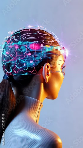 Woman with a visible cybernetic brain, ideal for content on AI, innovation, cybernetics, and the fusion of technology with humanity. IT, cyberspace, computer data transfer, VR.