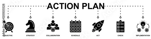 Action plan banner web icon vector illustration concept with icon of objective, strategy, collaboration, schedule, act, launch, check, and implementation