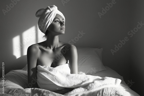 Woman with towel on bed in relaxing indoor setting captured from behind