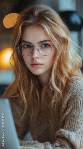 Young woman with glasses focused on laptop in a cozy indoor setting during af...