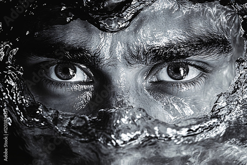 Artistic Monochrome Portraits of Faces Submerged in Water with Dramatic Abstract Effects and Emotional Intensity photo