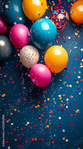 Festive balloons and colorful confetti on a blue background create a joyful c...