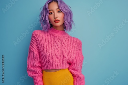 Young person with pastel purple hair poses in a pink sweater against a light ...