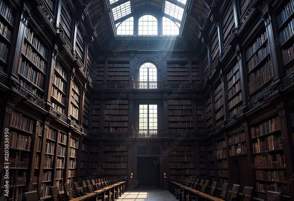An old library with tall dark wood bookshelves An old library with tall dark wood bookshelves