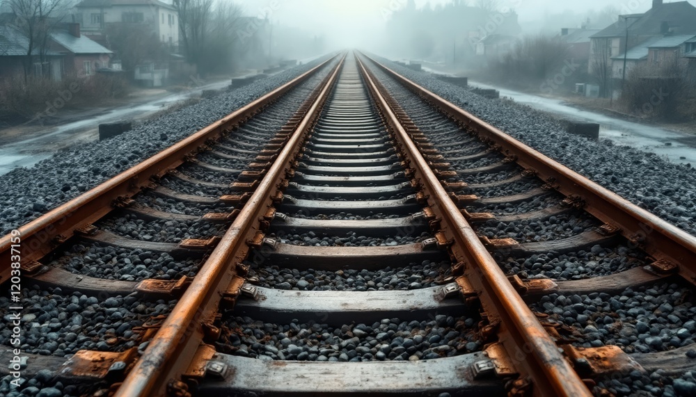 Railway tracks stretching into the distance disappearing into a misty and moody background