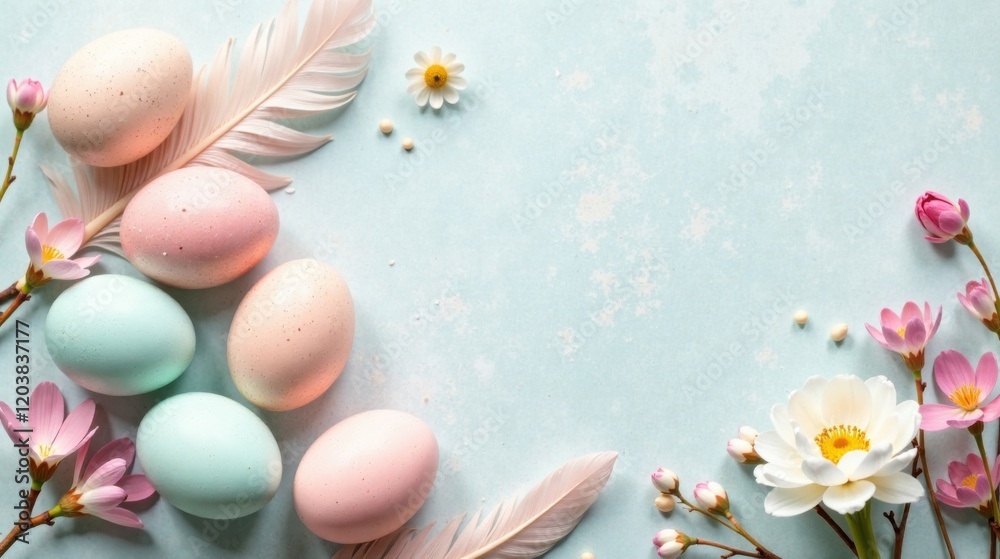 Pastel Easter Eggs and Delicate Spring Blossoms on a Light Blue Background Pastel Easter Eggs and Delicate Spring Blossoms on a Light Blue Background