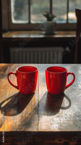 Red mugs on a wooden table reflecting soft sunlight in a cozy setting