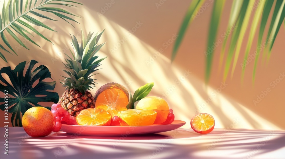 summer leaf shadows table setting with colorful tropical fruits, creating a soft, warm ambiance summer leaf shadows table setting with colorful tropical fruits, creating a soft, warm ambiance