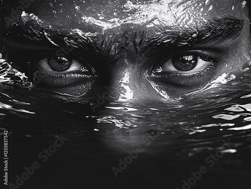 Artistic Monochrome Portraits of Faces Submerged in Water with Dramatic Abstract Effects and Emotional Intensity photo