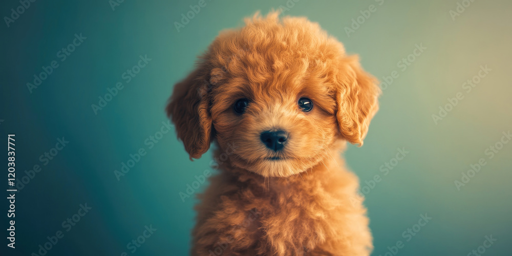 Adorable Golden Puppy on Teal. A fluffy golden puppy sits on a bright teal background. Adorable Golden Puppy on Teal. A fluffy golden puppy sits on a bright teal background.