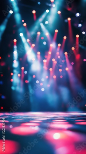 Stage lights illuminate a vibrant performance area during a live event in an ...