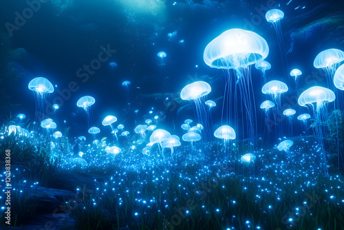 A magical underwater landscape where hundreds of glowing jellyfish float peacefully in a dark, serene blue sea. Beautiful wallpaper and background for advertisement