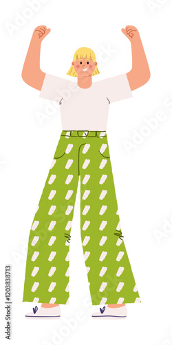 Cheerful woman with blonde hair raises both arms confidently, symbolizing empowerment and positivity. Celebration, strength and individuality concept. Modern flat vector illustration