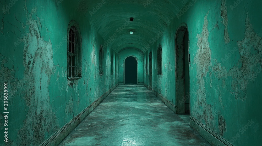 Fototapeta premium Eerie green asylum hallway, film set, mystery