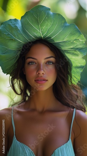 Woman wearing large leaf hat in lush greenery during daytime in natural setting