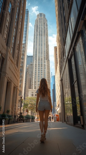 Tall skyscrapers surround a woman walking confidently in an urban setting on ...