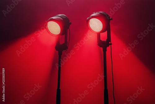 Bright red stage lights create dramatic atmosphere for performance in a dimly...
