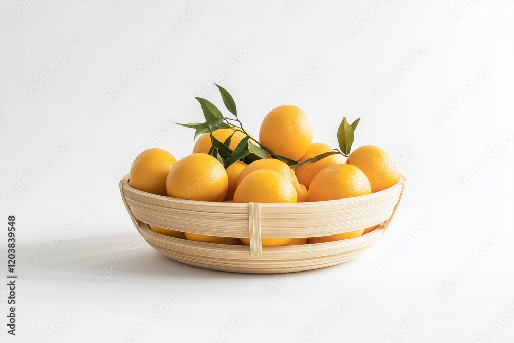 A woven basket brimming with oranges, isolated on a pure white background. The rich, golden color of the oranges signifies good fortune A woven basket brimming with oranges, isolated on a pure white background. The rich, golden color of the oranges signifies good fortune