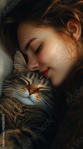 Woman cuddling with a cat while resting in a cozy indoor setting during the e...
