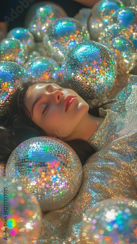 Sparkling fashion shoot with model posing among disco balls in vibrant colors