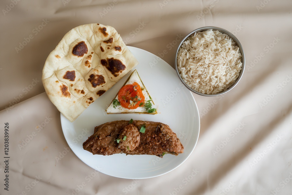 Delicious Indian Meal Naan Rice Curry Dish Delicious Indian Meal Naan Rice Curry Dish