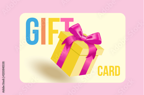 Vector Gift Card with yellow gift box , pink Silk Ribbon and Satin Bow . Greeting or Sale Card, voucher, Isolated. Birthday, Christmas, Party Gifts, Invitation