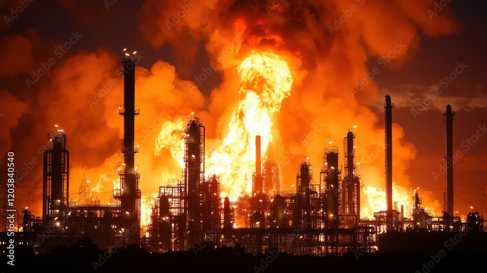 Inferno blazing through petrochemical plant, bright orange flames with thick smoke clouds above.