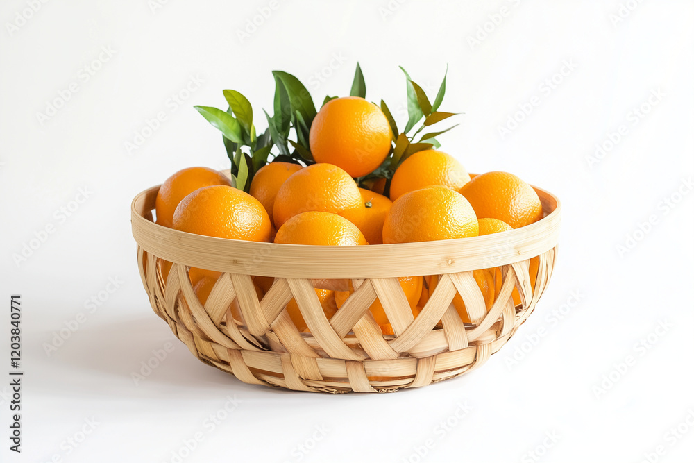 A woven basket brimming with oranges, isolated on a pure white background. The rich, golden color of the oranges signifies good fortune A woven basket brimming with oranges, isolated on a pure white background. The rich, golden color of the oranges signifies good fortune