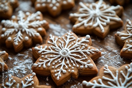 Beautifully decorated snowflake cookies arranged on a wooden surface during w...