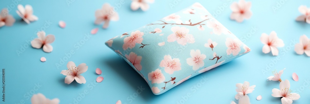 Delicate floral pillow resting amidst scattered blossoms on a pastel blue background. Delicate floral pillow resting amidst scattered blossoms on a pastel blue background.