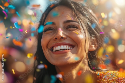 Joyful celebration with colorful confetti and a smiling woman on a sunny day ...