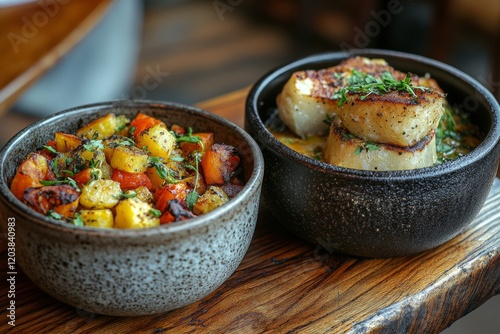 Delicious roasted vegetables and seared fish served in stylish bowls at a tre...