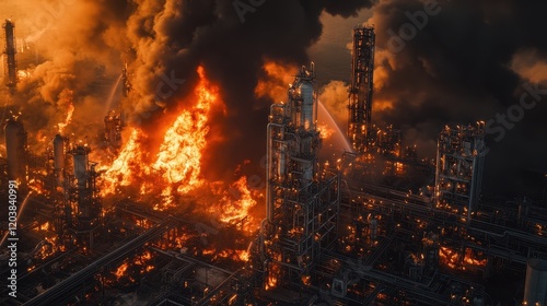 Fire spreads in petrochemical facility, fierce flames surrounding machinery, dark smoke rising.