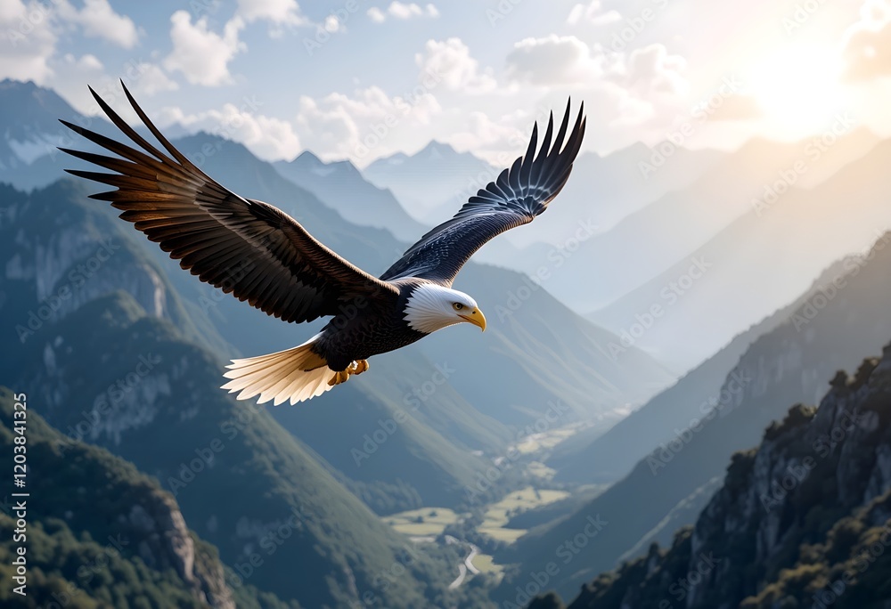Fototapeta premium An eagle flying high above a mountain valley