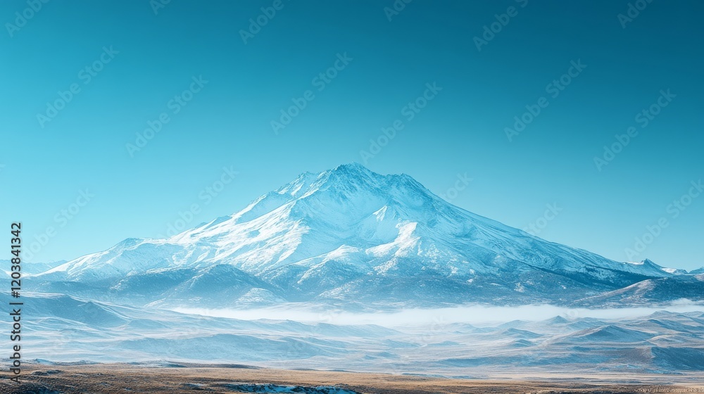 Majestic Snow-Capped Mountain Peaks Under a Clear Blue Sky with Wispy Cloud Cover at Base Creating Serene Landscape Majestic Snow-Capped Mountain Peaks Under a Clear Blue Sky with Wispy Cloud Cover at Base Creating Serene Landscape
