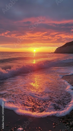 Sunset over ocean waves with vibrant colors and dramatic sky near rocky coast...