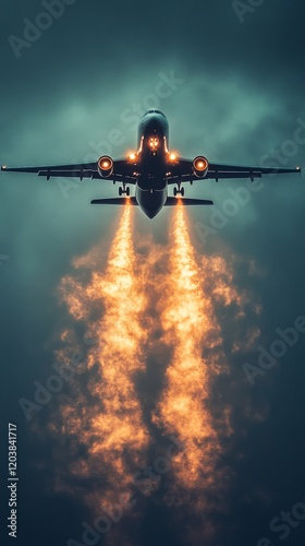 Aircraft ascending through clouds with fiery exhaust against a starry night sky