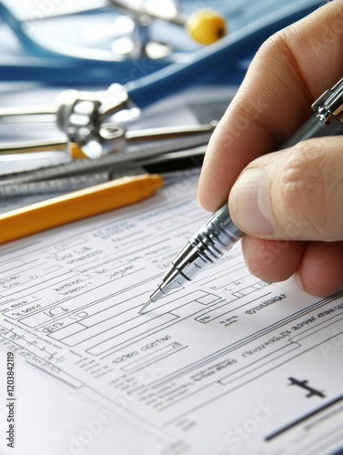 Hand completing a medical form with pen and healthcare tools in the background during an office visit. Generative AI