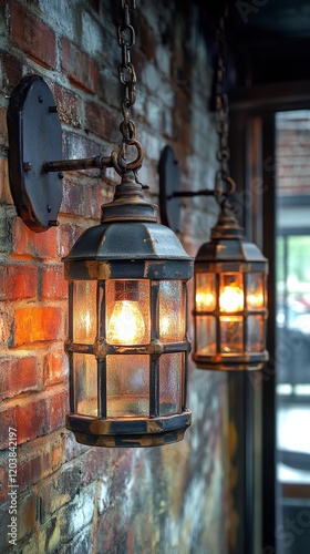 Vintage lanterns illuminate rustic brick wall in warm, inviting atmosphere