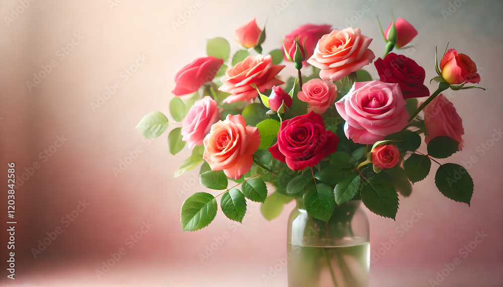 Fototapeta premium A close-up of roses in red, pink, and orange hues arranged in a glass vase. The softly blurred pastel background and natural lighting create a romantic and elegant atmosphere, Generative AI