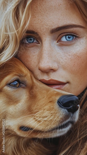 Young woman with freckled skin cuddling her golden retriever in a cozy settin...
