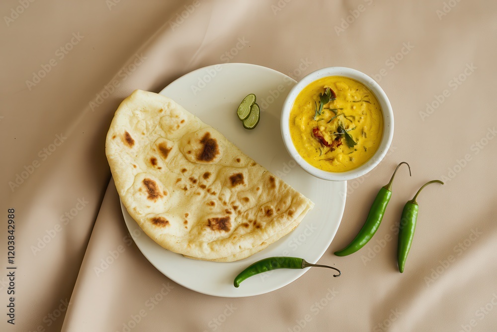 Naan Bread Served with Yellow Curry and Chilis Naan Bread Served with Yellow Curry and Chilis