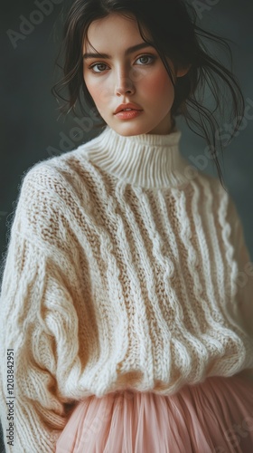 Woman wearing a cozy knitted sweater and light pink skirt stands against a vi...
