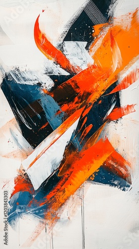 Vibrant abstract artwork featuring bold orange and grey brushstrokes with con...