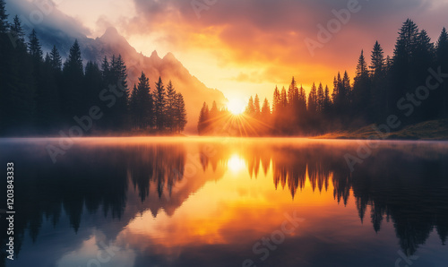 Fototapeta Naklejka Na Ścianę i Meble -  Beautiful panorama lake water sunset background forest landscape