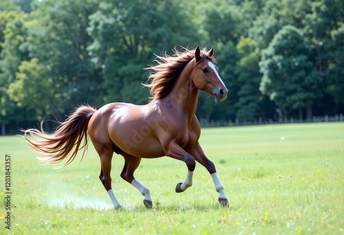 A horse running free in a green field