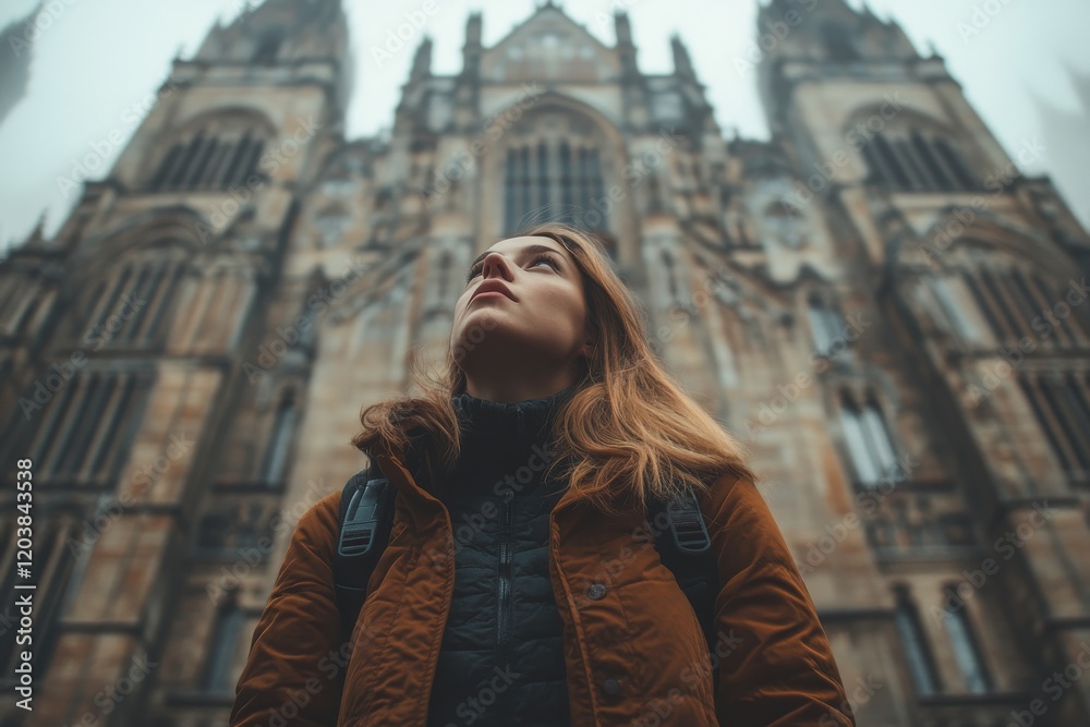 Naklejka premium Young woman gazing upward in front of historic cathedral on a cloudy day