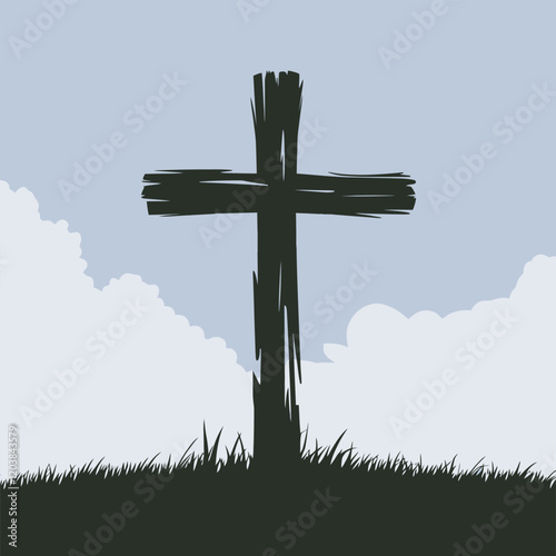 Rustic Wooden Cross Silhouette on Hill with Cloudy Sky Background