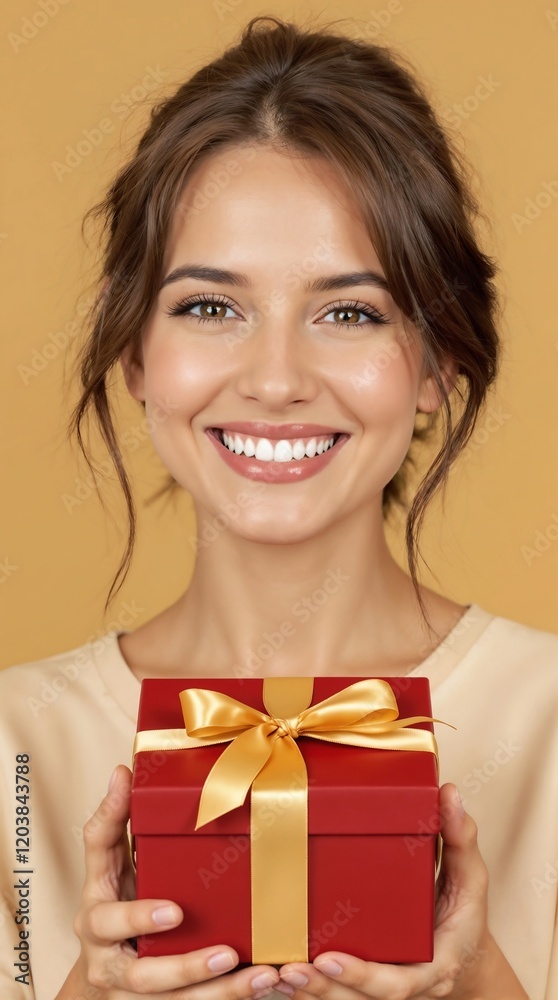 Radiant Young Woman with Elegant Updo Holding Red Gift Box Against Gold Background Radiant Young Woman with Elegant Updo Holding Red Gift Box Against Gold Background